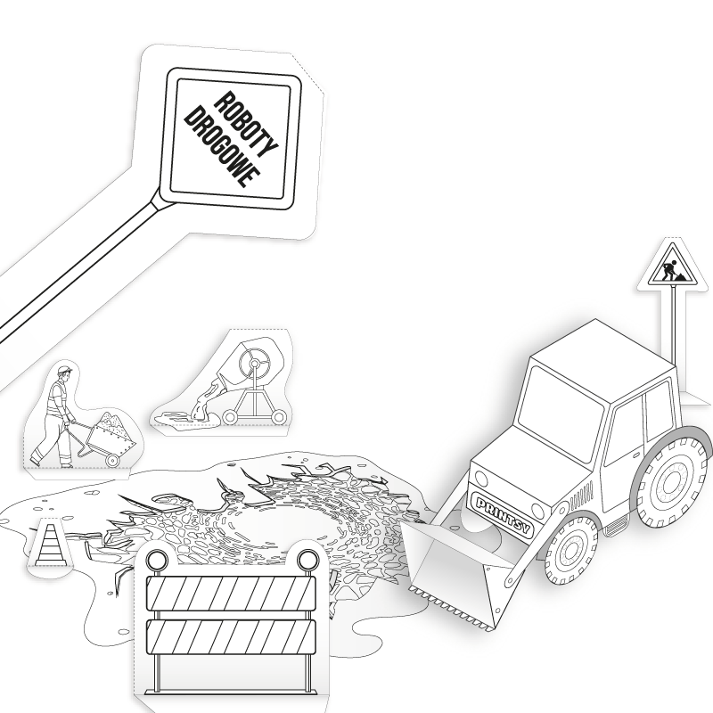 ZESTAW "ROBOTY DROGOWE" do zabawy w miasto - kolorowanka - PDF do pobrania