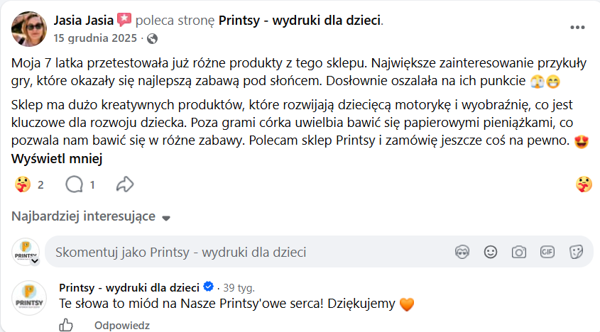 Autentyczna opinia klientki PRINTSY